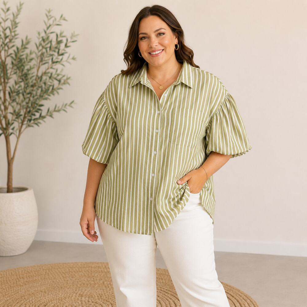 Oddi Green White Stripe Button Up Blouse Women 2XL‎ Puff Sleeve Oversized Preppy